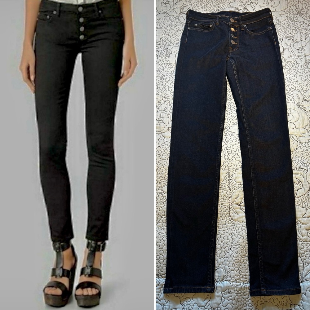 ALL SAINTS Mast Exposed Button Fly  Skinny Ankle Dark Blue Stretch Jeans Sz 25